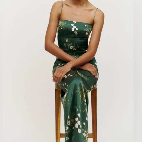 Reformation Frankie silk slip dress-dark green (size 4 remaining) NWOT - Picture 3 of 16